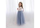 Dusty Blue Long Sleeve Flower Girl Dress, White Lace Boho Wedding Dress for Girls